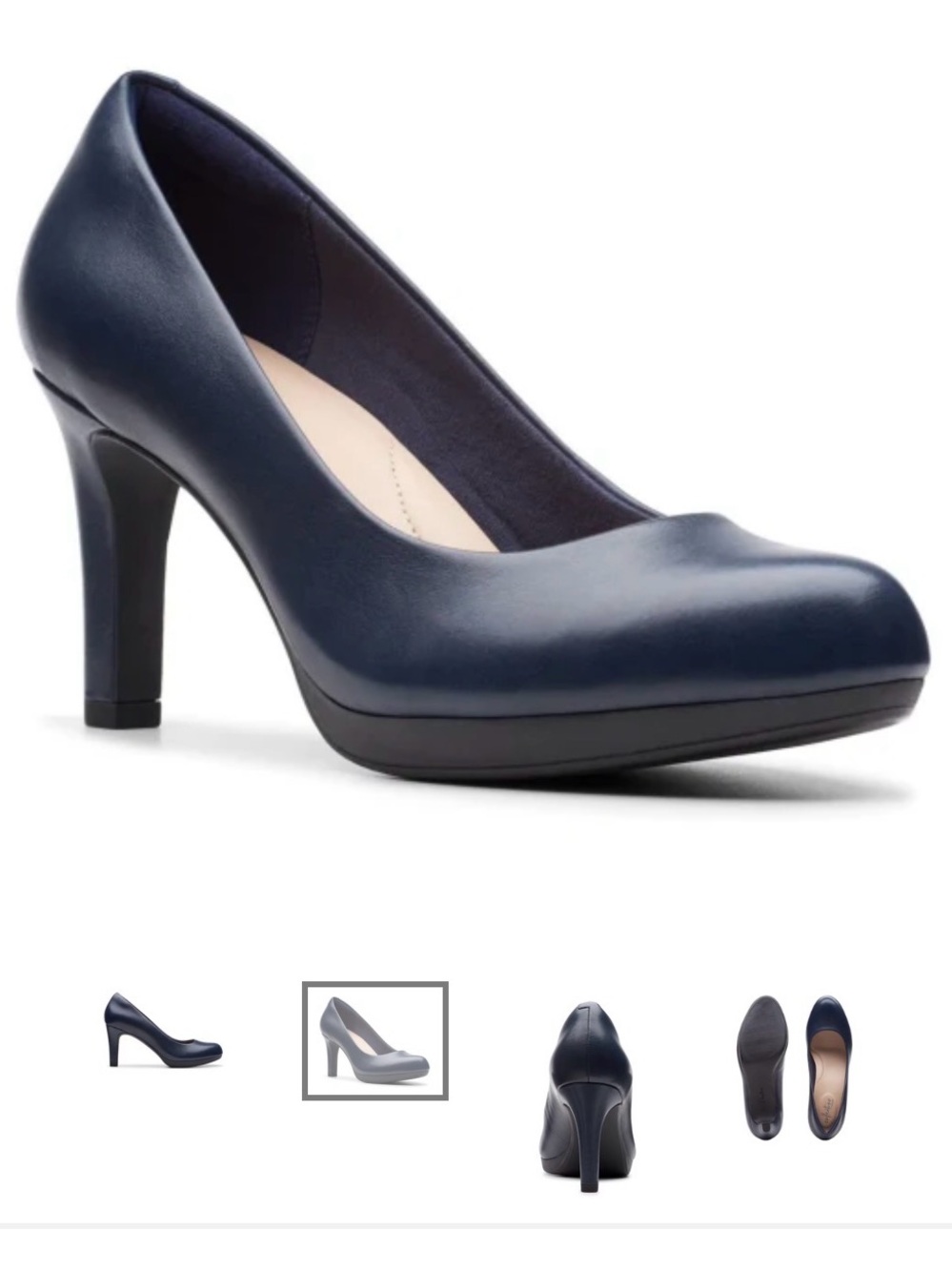 Clarks Adriel Viola Navy Leather Mid Heel Pump